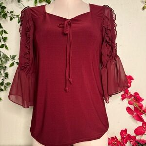 Elegant Burgundy Blouse with Ruffle Sleeves